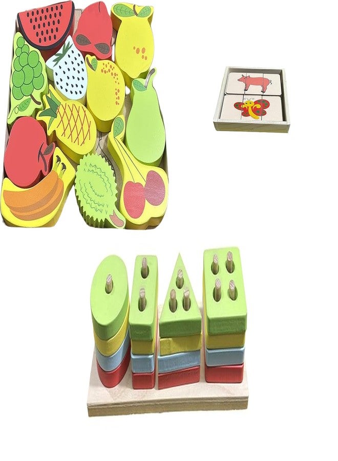 Kinder Creative 3D Fruits Stacking Puzzle,Three-Part Puzzle for Toddlers,Geometrical Column Blocks for Toddlers, Educational Puzzle and Toys for Kids Pack of 3 - Image 1